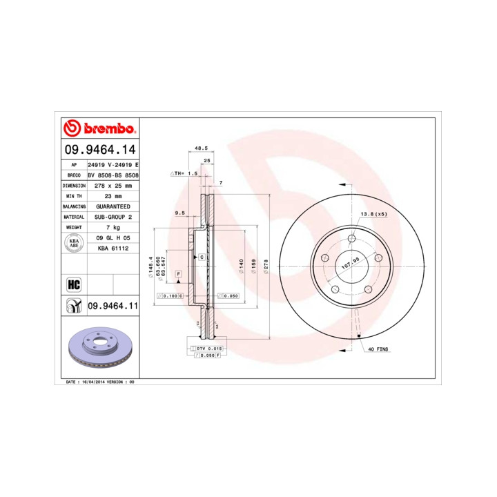 Tarcza hamulcowa BREMBO 09.9464.11