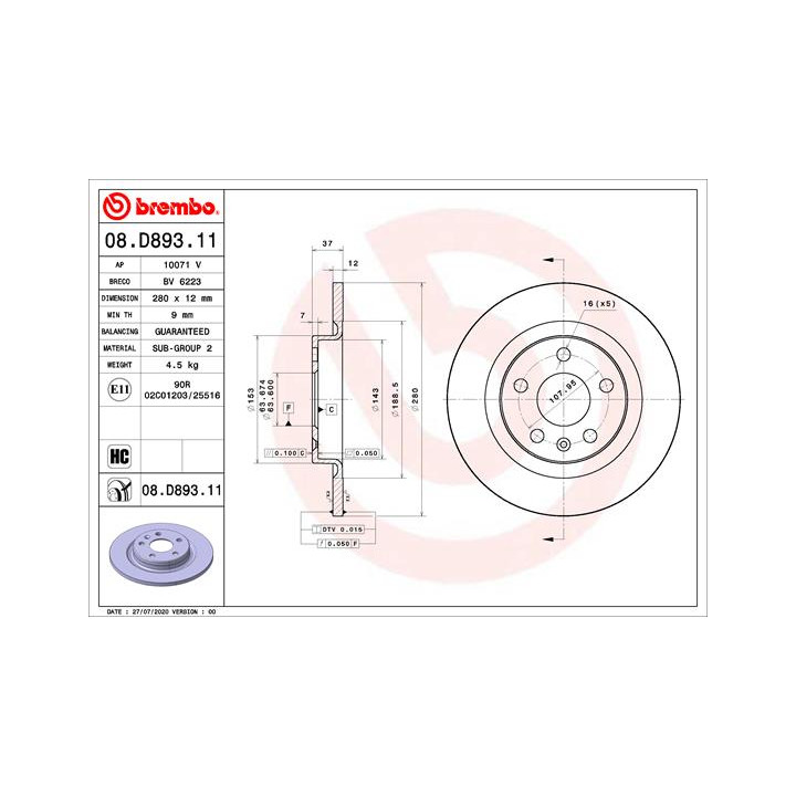 Tarcza hamulcowa BREMBO 08.D893.11