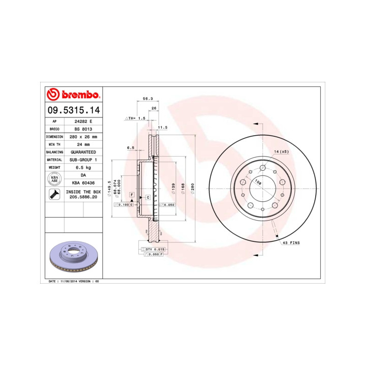 Tarcza hamulcowa BREMBO 09.5315.14